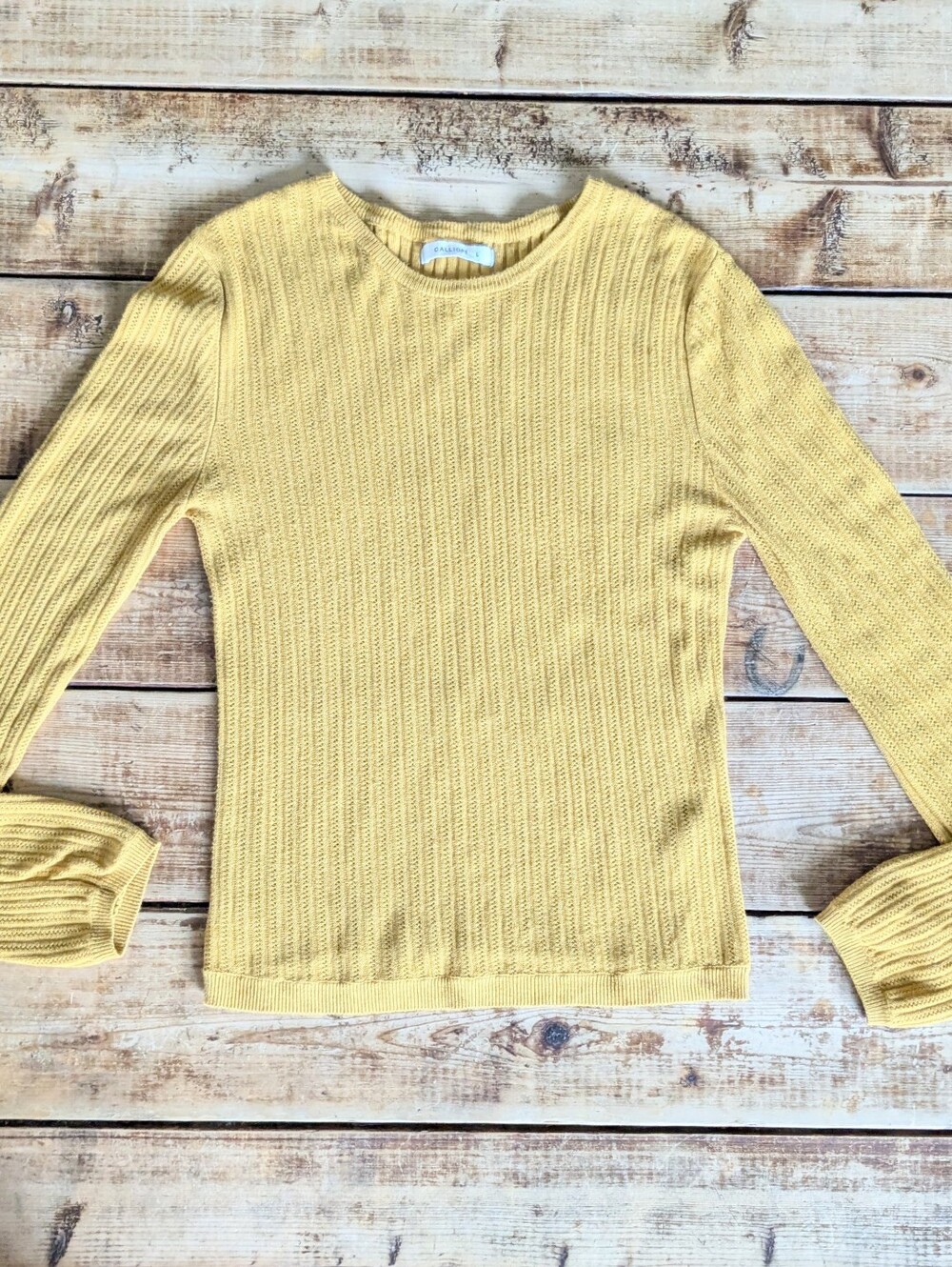 Calliope Mustard Rib Knit Crew Neck Sweater Size S Minimalist Capsule Wardrobe